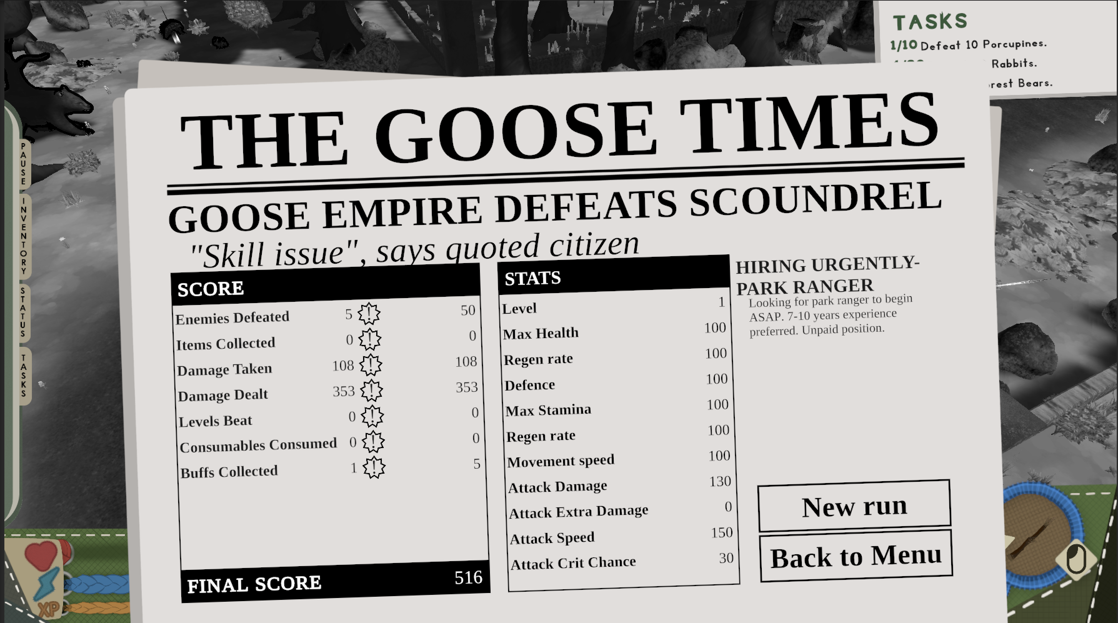 A screenshot of the game's death screen.
