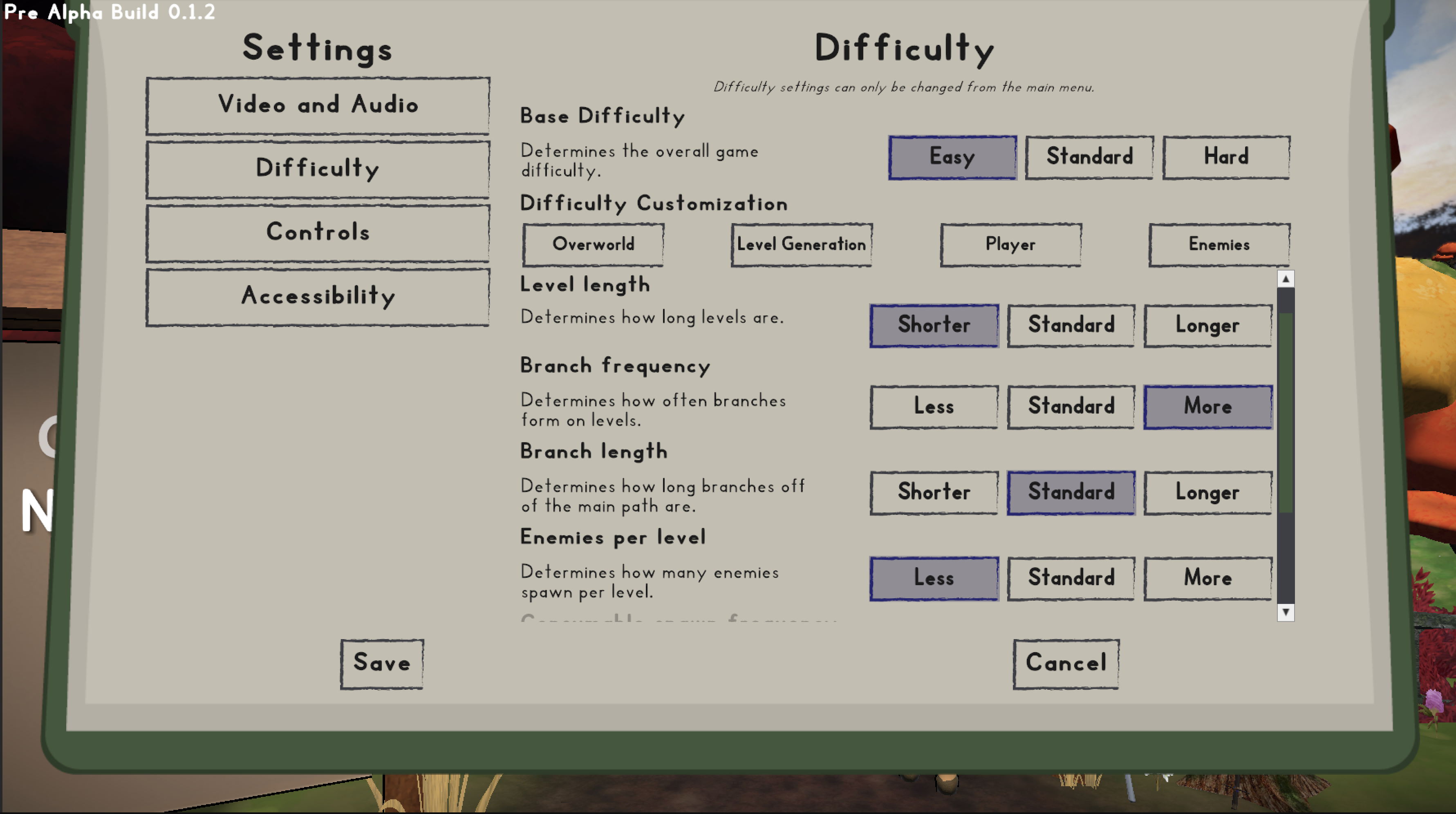 A screenshot of the game's setting page, showing a variety of difficulty options with a few selected.