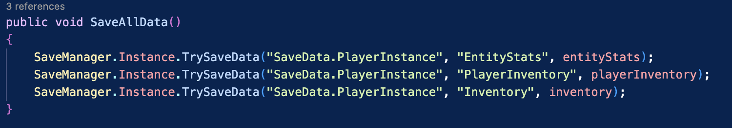 A screenshot showing a few lines of code from the game, demonstrating how easy it is to save data.