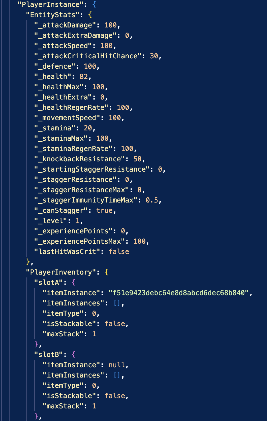 A screenshot showing a snippet of a JSON file that contains player save data.